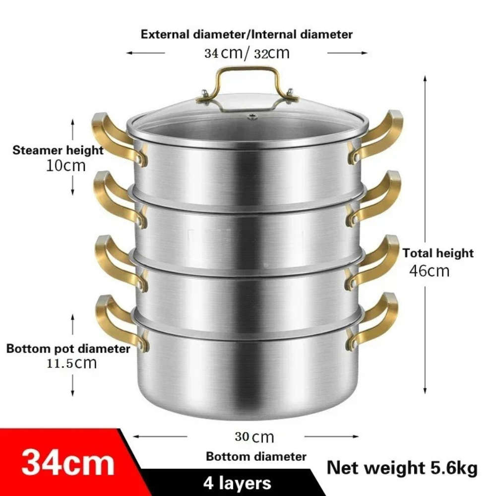 316 Stainless Steel Steamer Pot 34cm 4 Layer Soup Stock Pot with Lid for Gas & Induction