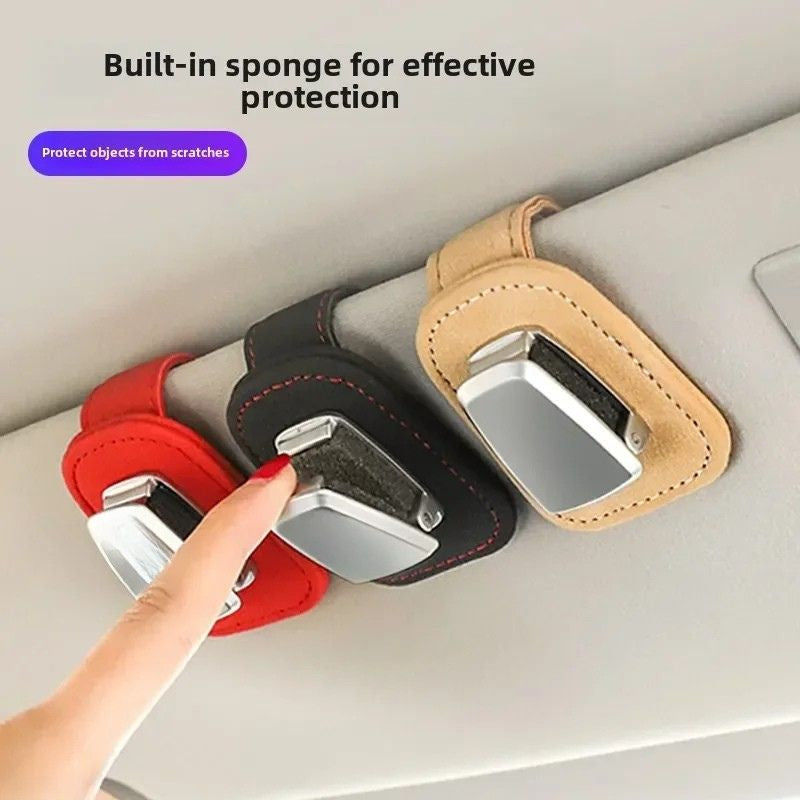 Car Glasses Holder Sun Visor Clip Leather Eyewear Storage Organiser Interior Accessory - Red