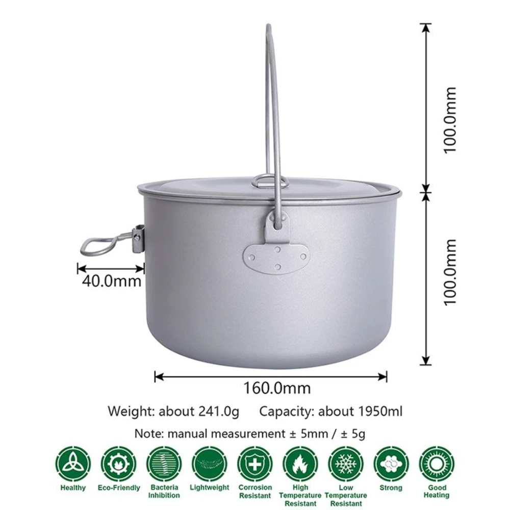 Titanium Camping Pot 1.95L Portable Hanging Cookware Ultralight Outdoor Cooking Pot with Handle
