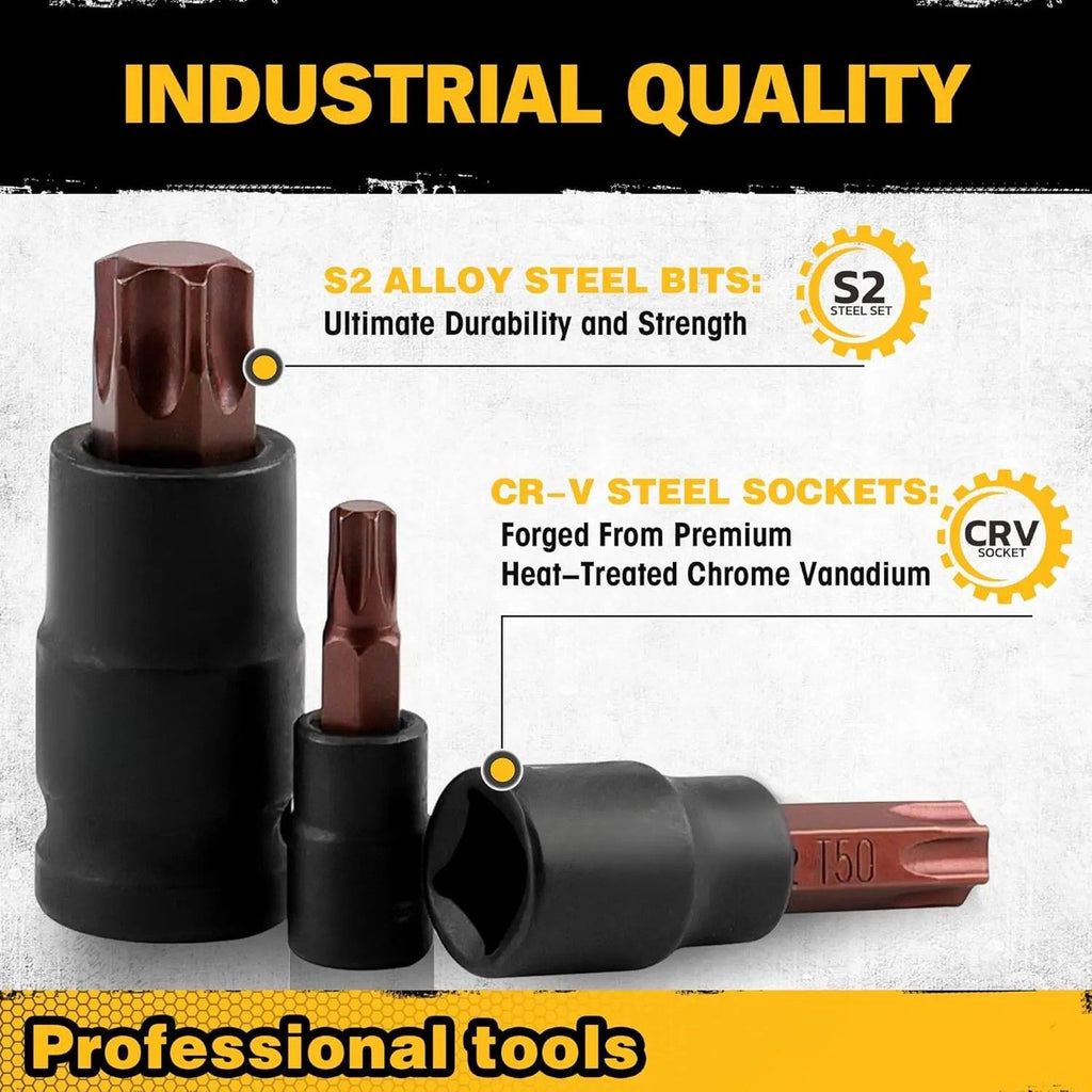 Torx Bit Socket Set 31PCS Heavy Duty CR-V & S2 Steel T8-T70 and E4-E24 Star Socket Tool Kit