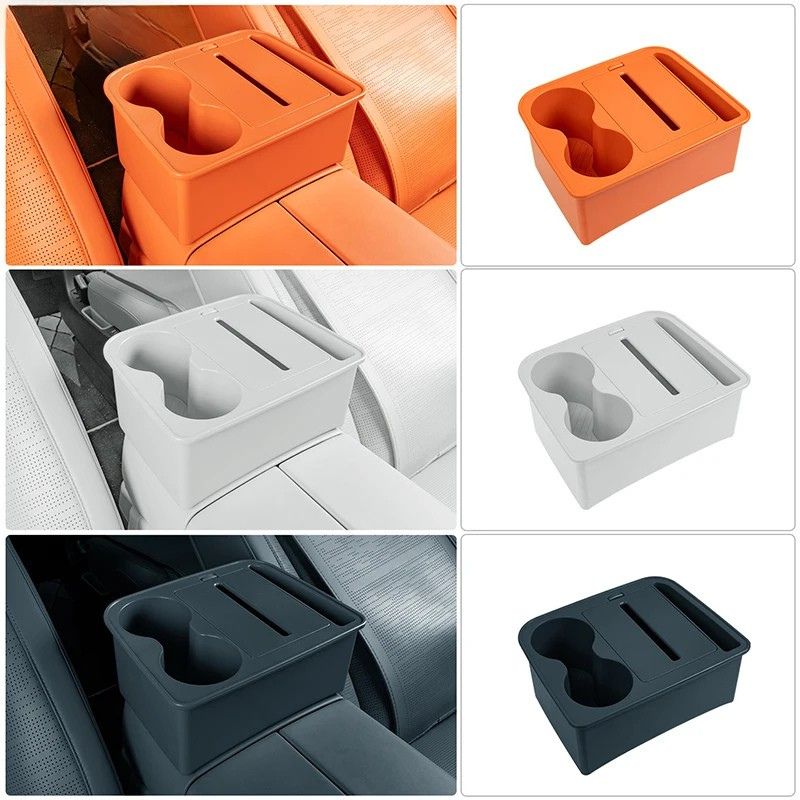Car Console Storage Box Tissue Holder with Dual Cup Slots and Centre Compartment - Orange