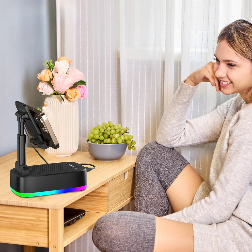 Phone Holder 6W Wireless Speaker 1800mAh Rechargeable Power Bank RGB Light Desktop Stand