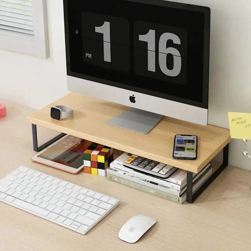 Monitor Stand Elevated Desktop Storage Shelf Iron Computer Screen Organiser Home Office - Black