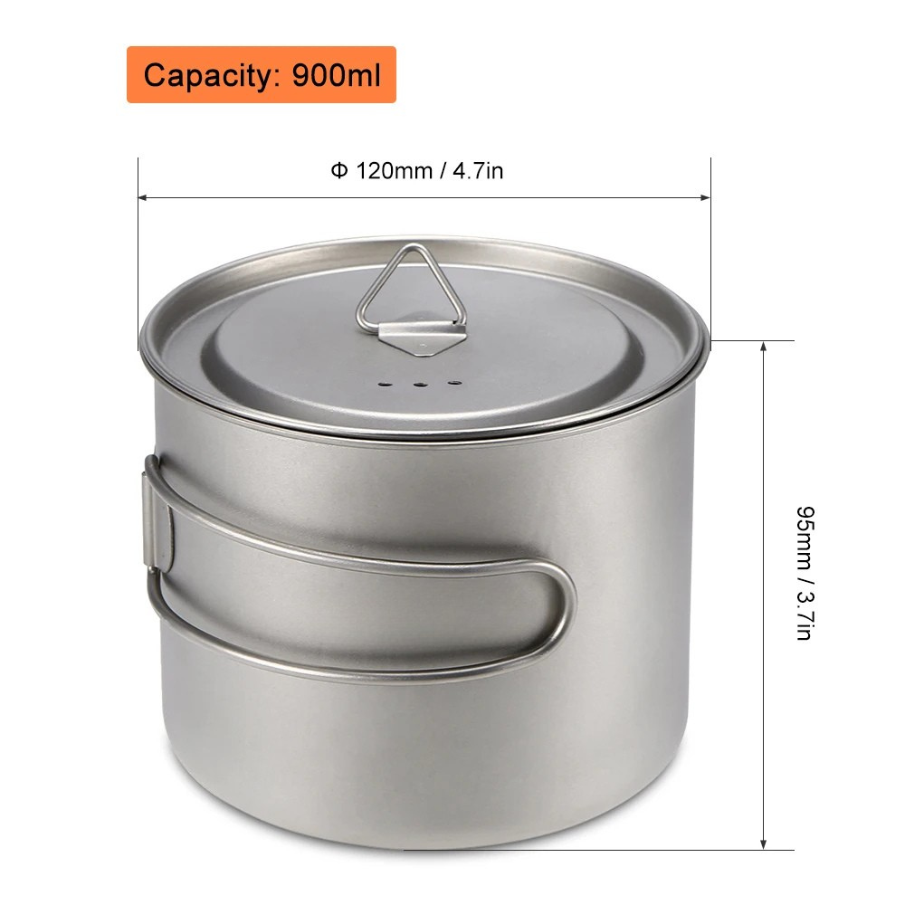 Camping Pot 900mL Titanium Cooking Mug with Foldable Handles and Lid