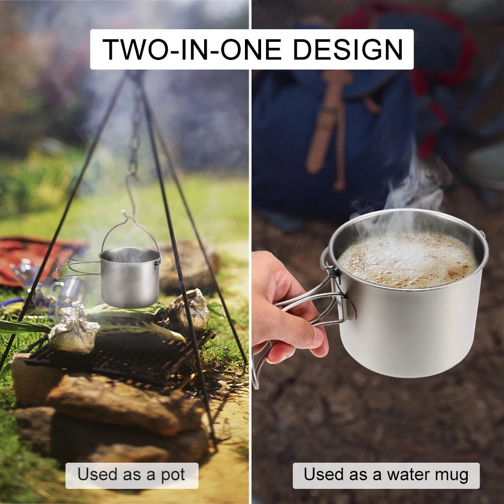 Camping Pot 1600mL Titanium Cooking Mug with Bail Handle and Foldable Grips