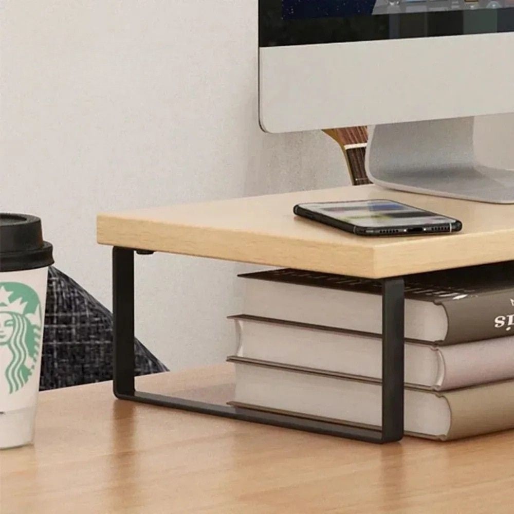 Monitor Stand Elevated Desktop Storage Shelf Iron Computer Screen Organiser Home Office - Black