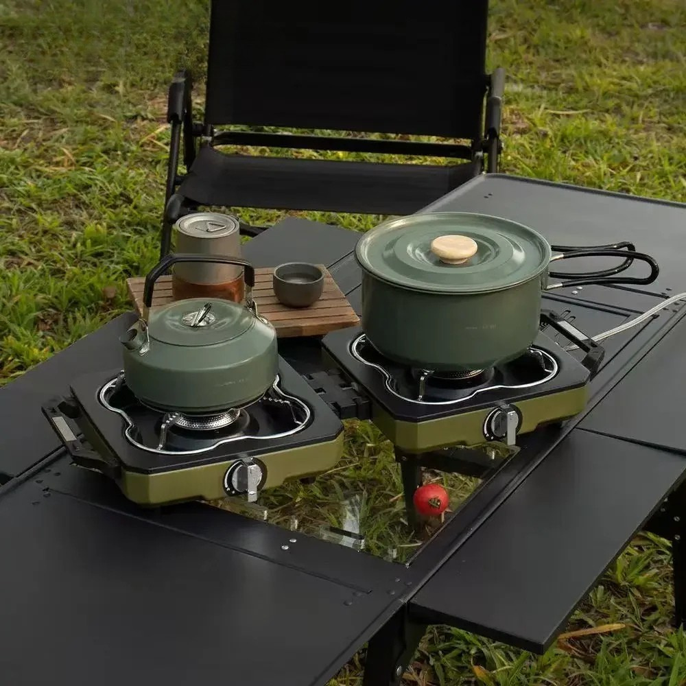 Camping Cooking Stove Double Burner Folding Gas Cooker Portable Alloy Design – Green