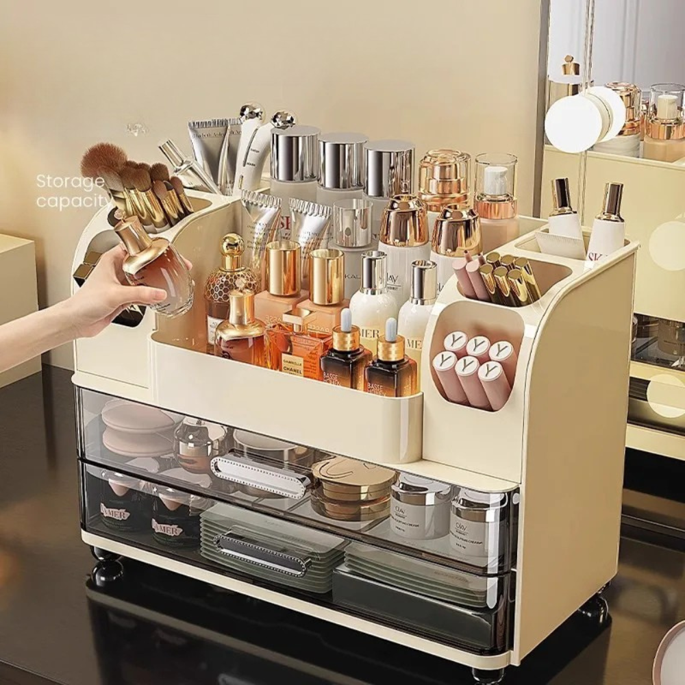 Cosmetics Storage Box Desktop Organizer Expandable Multi Layer Makeup Holder Dressing Table Rack Ivory