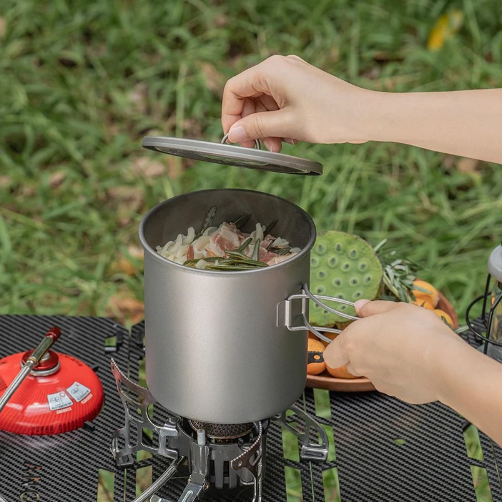 Camping Pot Titanium Cookware Portable Backpacking Pot with Folding Handle Outdoor Use - 1400ml