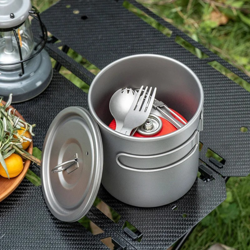 Camping Pot Titanium Cookware Portable Backpacking Pot with Folding Handle Outdoor Use - 1400ml