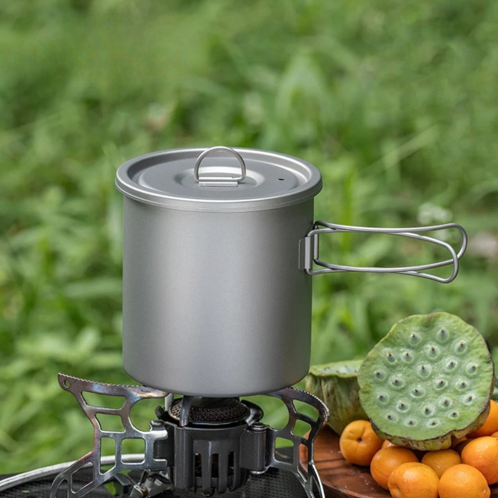 Camping Pot Titanium Cookware Portable Backpacking Pot with Folding Handle Outdoor Use - 1400ml