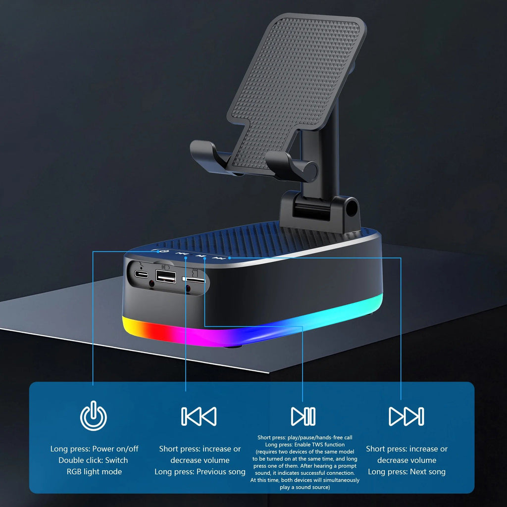Phone Holder 6W Wireless Speaker 1800mAh Rechargeable Power Bank RGB Light Desktop Stand