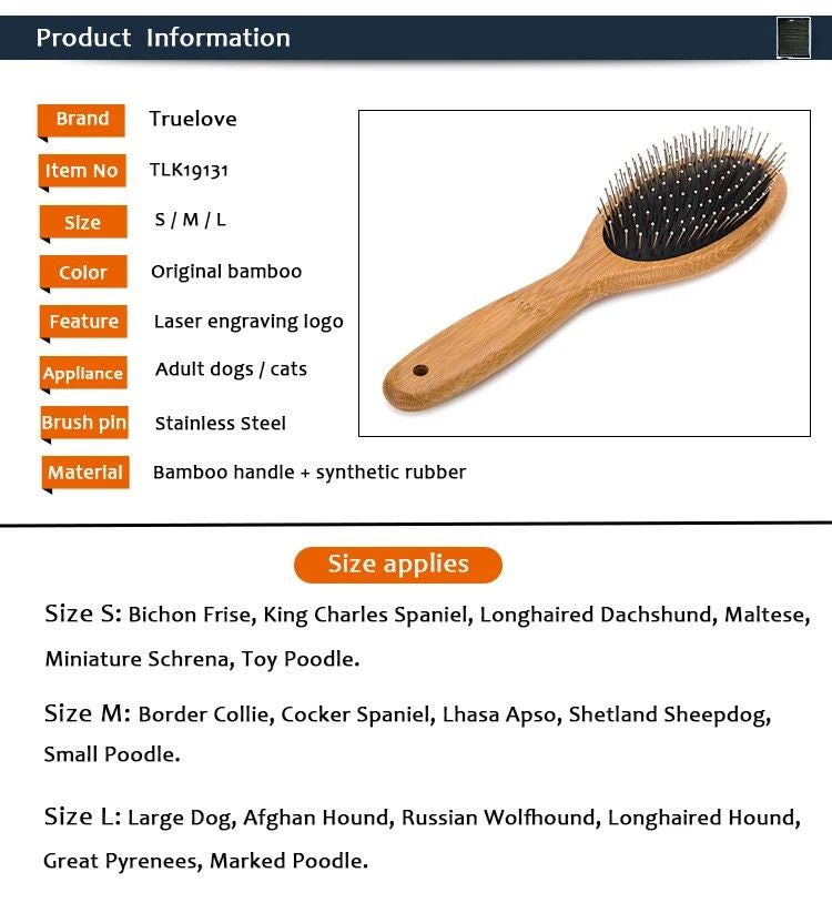 Pet Grooming Brush 23cm Bamboo Handle Stainless Steel Pin Hair Removal Comb - Large