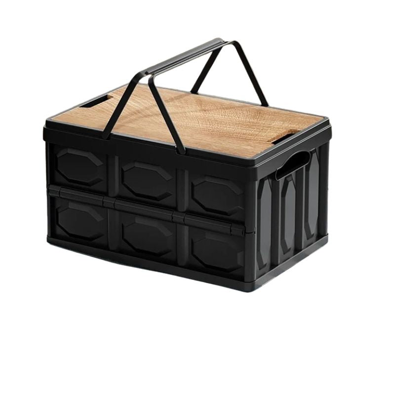 Foldable Camping Storage Box with Wooden Lid, Portable Stackable Organizer for Travel - Black