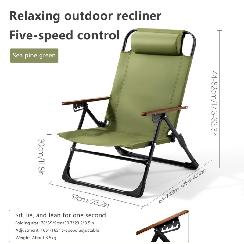 Camping Folding Chair with Adjustable Armrest and Detachable Pillow Portable Lounging Chair - Green