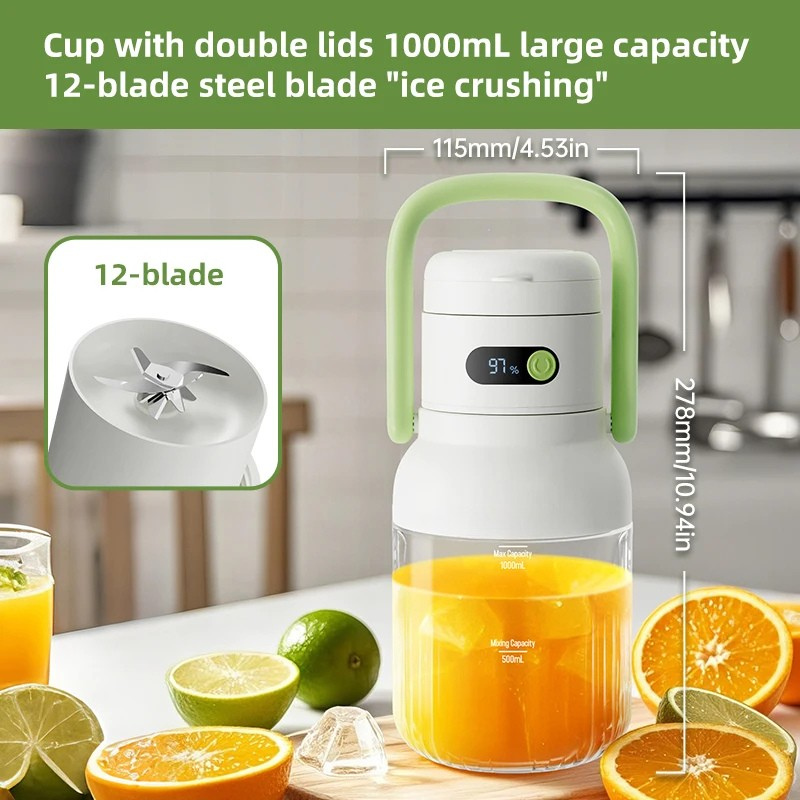 Portable Juicer Blender 500ml USB-C Rechargeable 18000RPM Fruit & Vegetable Juicer 33oz - Green