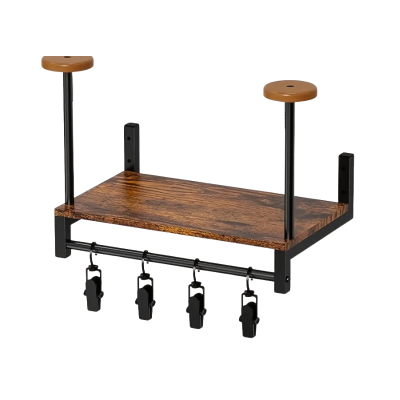 Motorcycle Helmet Wall Mount Wooden Shelf with Adjustable Hooks Storage Rack - Brown