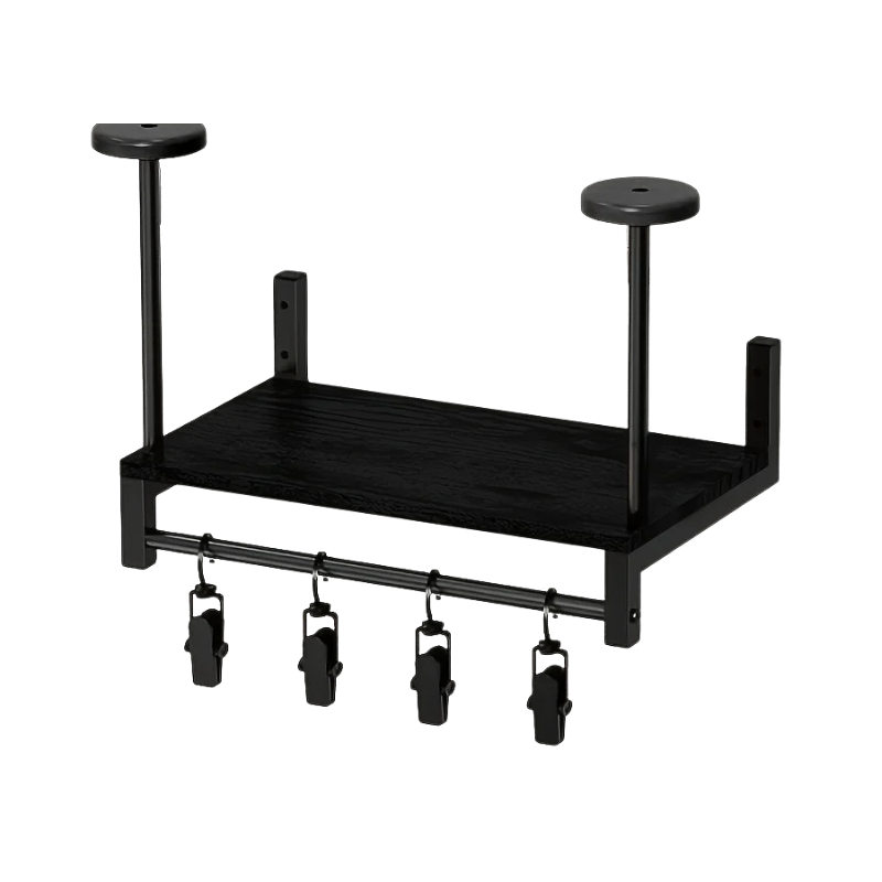 Motorcycle Helmet Wall Mount Wooden Shelf with Adjustable Hooks Storage Rack - Black