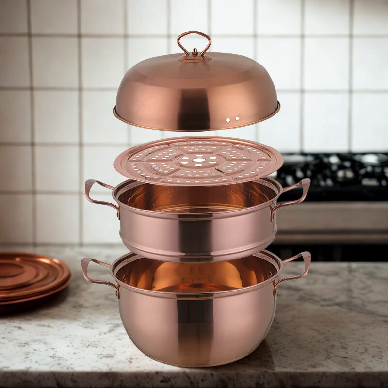 3 Layers Stainless Steel Steamer Pot – 26cm Triple Tier Cooker – Soup & Steam Cooking Pot – Gas Stove Compatible – Rose Gold