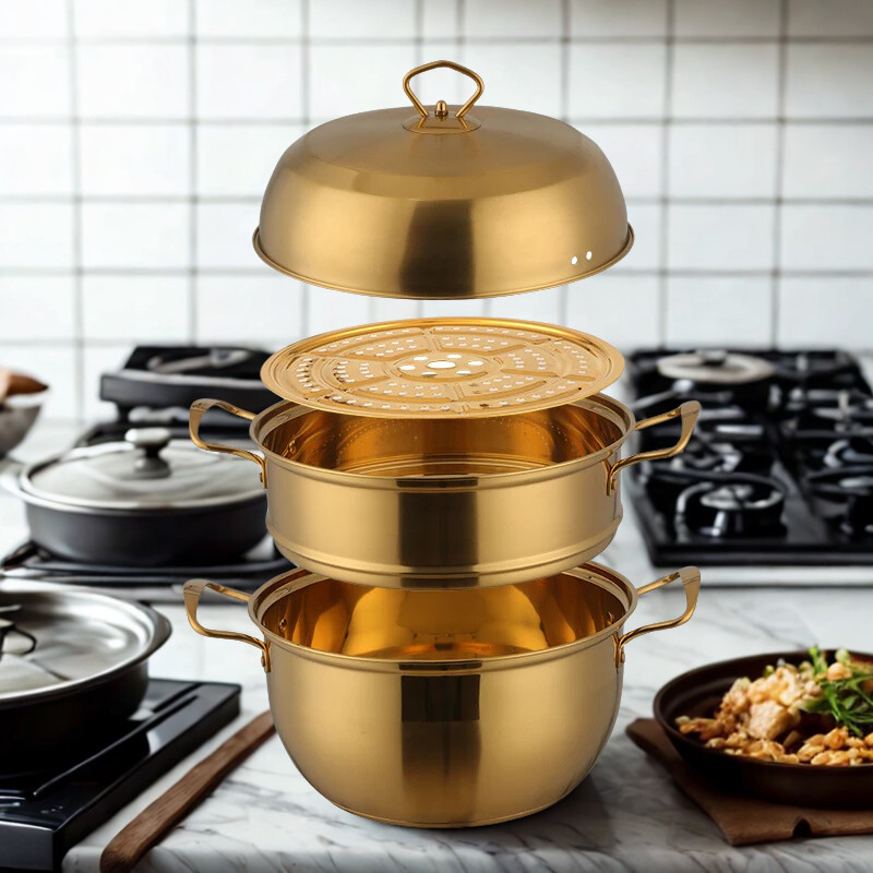 3 Layers Stainless Steel Steamer Pot – 26cm Triple Tier Cooker – Soup & Steam Cooking Pot – Gas Stove Compatible – Gold