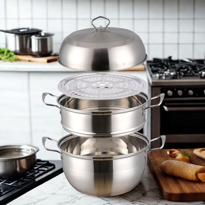 3 Layers Stainless Steel Steamer Pot – 26cm Triple Tier Cooker – Soup & Steam Cooking Pot – Gas Stove Compatible – Silver