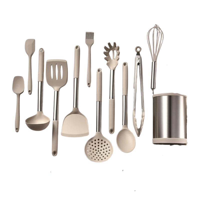 12PCS 360° Rotating Silicone Kitchen Utensil Set – Non-Toxic Cooking & Baking Tools – Heat Resistant with Rotating Base - Khaki