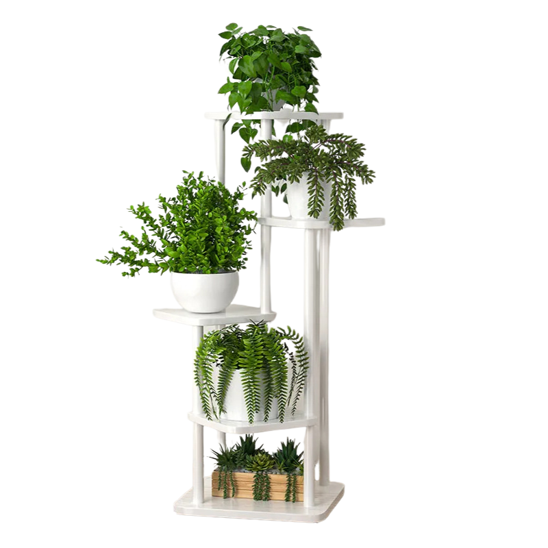 Wooden Plant Stand for Flowers – 5-Tier Indoor Flower Shelf – Multi-Layer Planter Rack – White