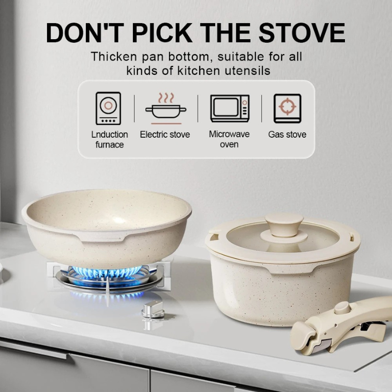Non-Stick Cookware Set 5PCS – Aluminum Alloy Pots & Pans with Lid – Ultra Durable Granite Coating – Eco-Friendly Kitchen Set - White