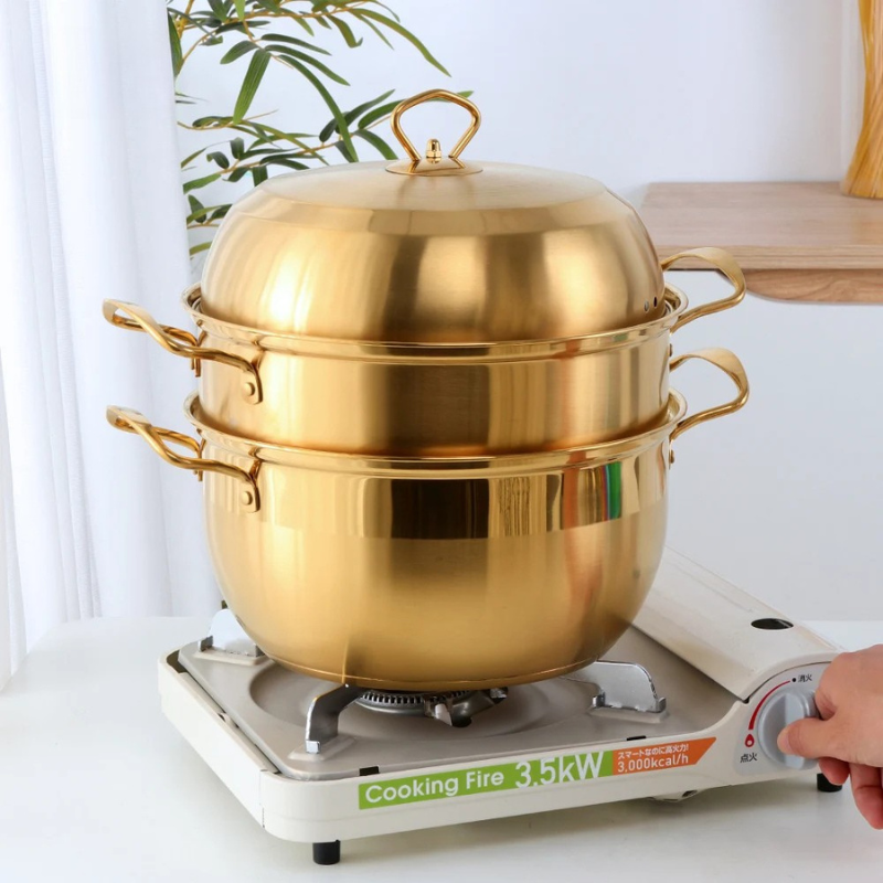 3 Layers Stainless Steel Steamer Pot – 26cm Triple Tier Cooker – Soup & Steam Cooking Pot – Gas Stove Compatible – Gold