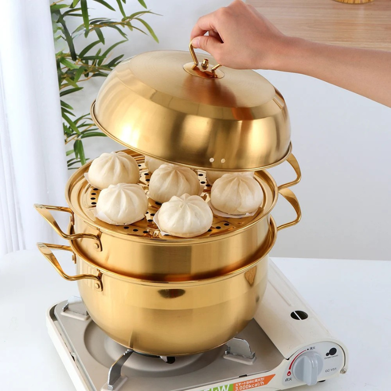 3 Layers Stainless Steel Steamer Pot – 26cm Triple Tier Cooker – Soup & Steam Cooking Pot – Gas Stove Compatible – Gold