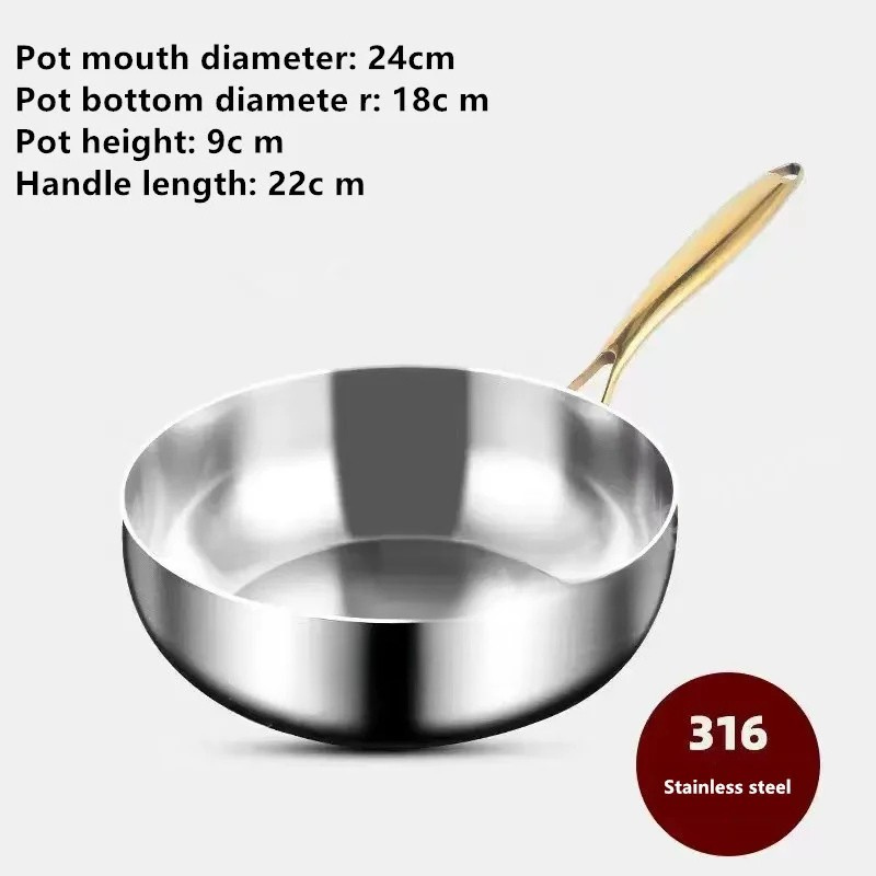 316 Stainless Steel Frying Pan – Deepened Uncoated Wok – 7-Ply Skillet – Gas & Induction Compatible – 24cm