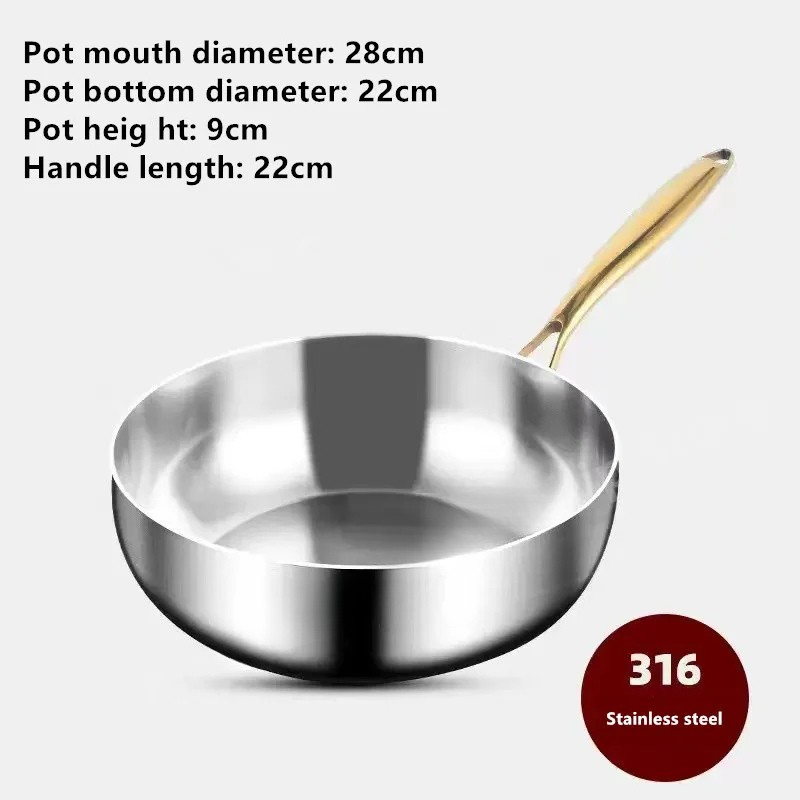 316 Stainless Steel Frying Pan – Deepened Uncoated Wok – 7-Ply Skillet – Gas & Induction Compatible – 28cm