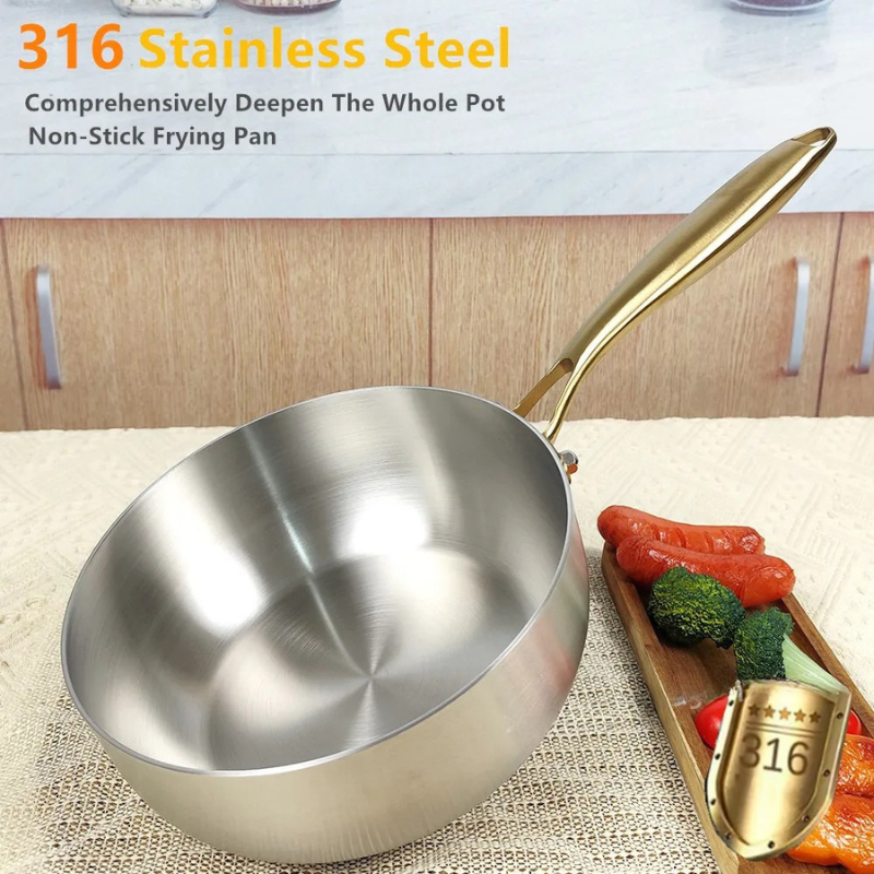 316 Stainless Steel Frying Pan – Deepened Uncoated Wok – 7-Ply Skillet – Gas & Induction Compatible – 22cm