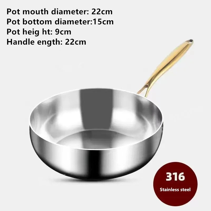 316 Stainless Steel Frying Pan – Deepened Uncoated Wok – 7-Ply Skillet – Gas & Induction Compatible – 22cm