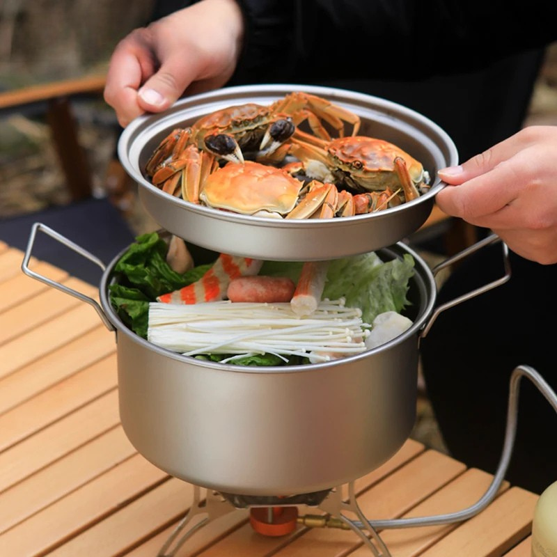 Titanium Camping Soup Pot Set Outdoor Lightweight Steamer Multi-Functional Cookware - 2.8L