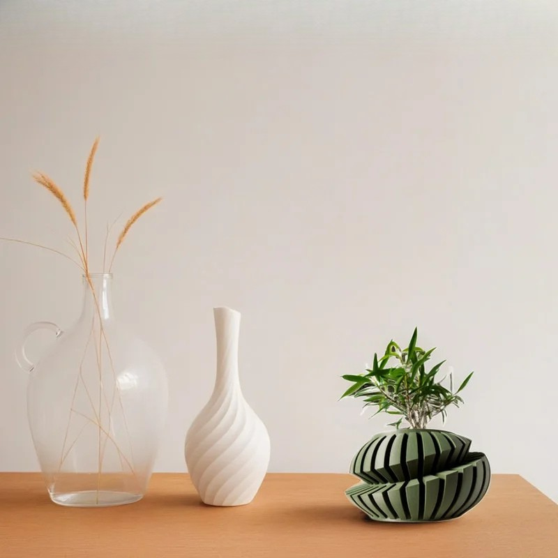 3D Printed Flower Pot PLA Geometric Textured Planter for Desktop Decor Matte Dark Green