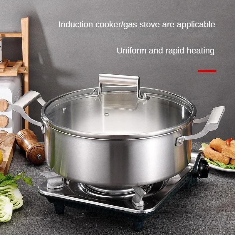 304 Stainless Steel Hot Pot – Double Handle Soup Pot with Glass Lid - 32cm