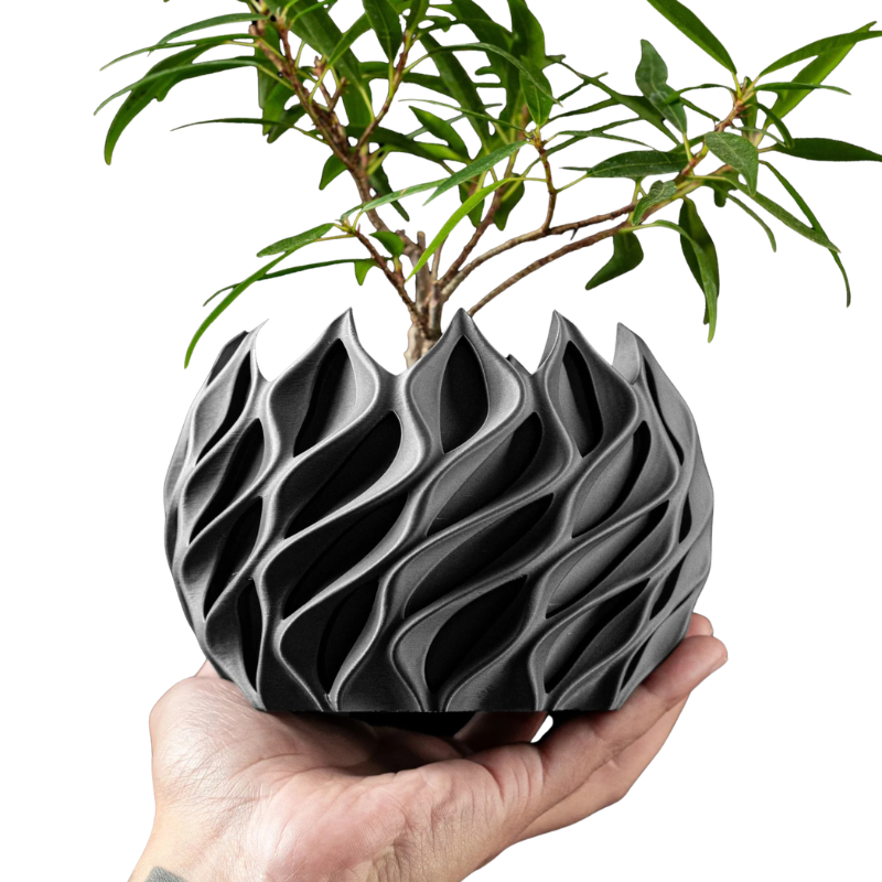3D Printed Flower Pot – Modern Biodegradable Desktop Planter Matte Charcoal - Black