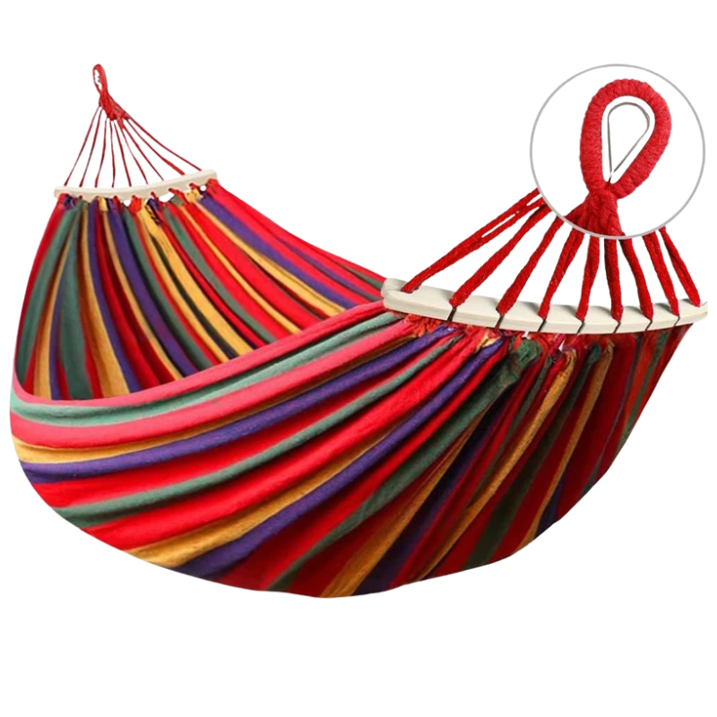 Canvas Hammock Double Camping Swing with Curved Wooden Poles – Outdoor Bed for Two - Red