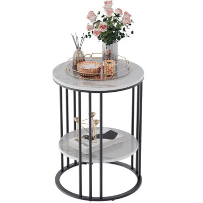 Side Table 40cm Round Marble Look Sintered Stone Top Metal Frame – Black and White