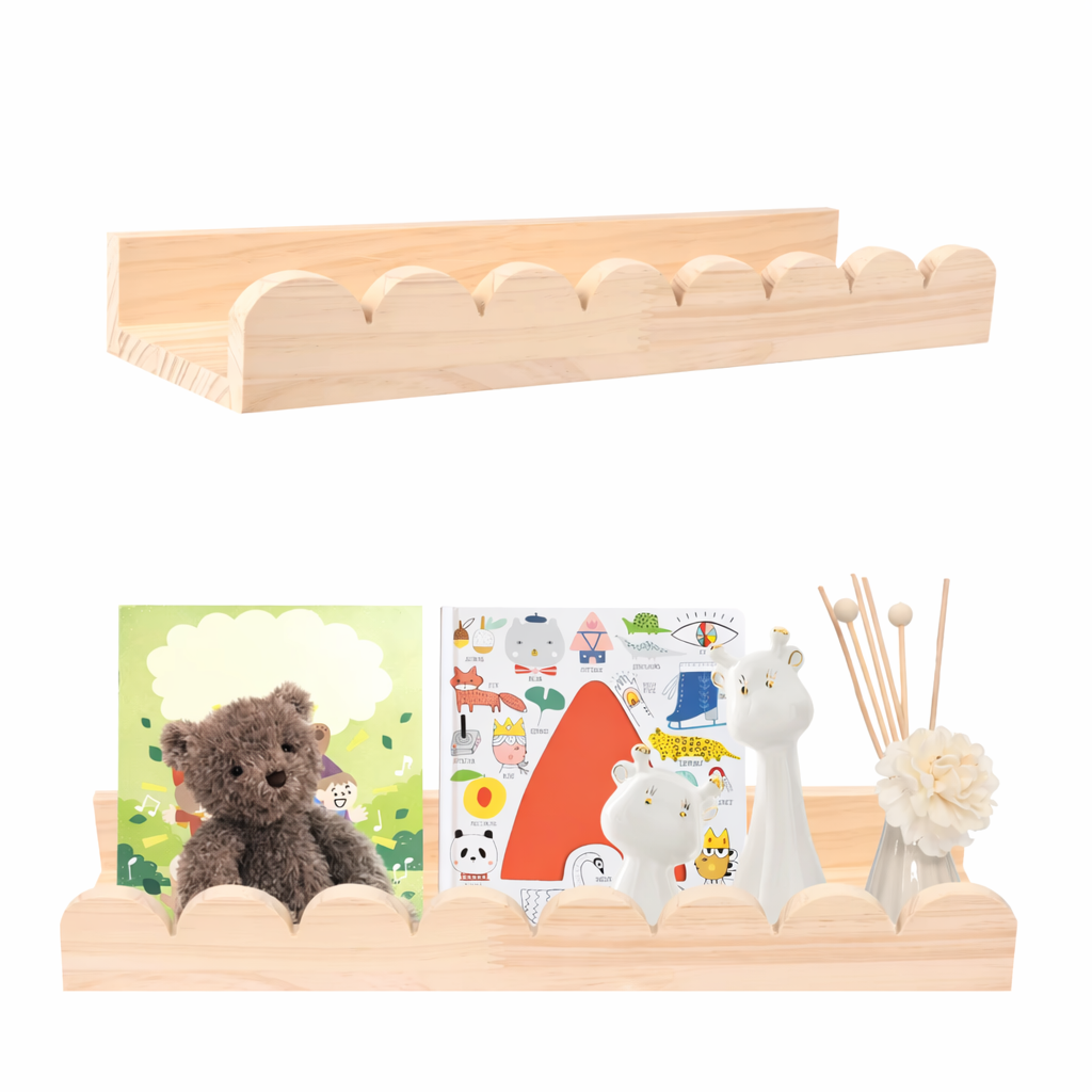 Wood Floating Wall Shelf Set with Scalloped Edge and Hooks – 3 Pieces