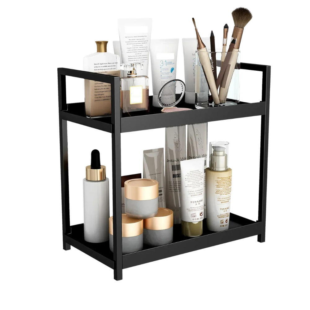 2 Tier Under Sink Organizer Sliding Storage Rack Hooks Bathroom Kitchen - Black
