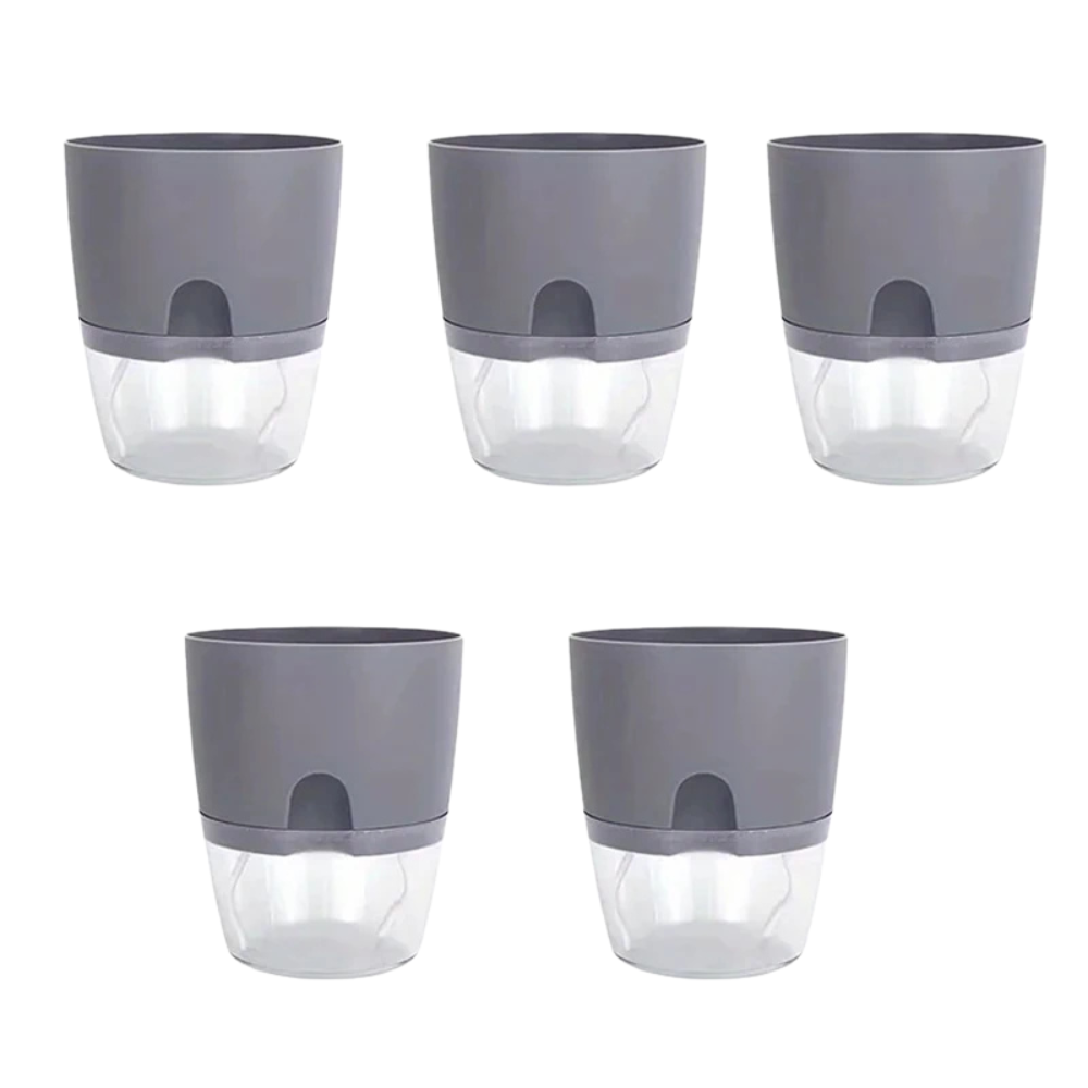 5Pcs Self Watering Planters Large L Wicking Flower Pots With Watering Bottle - Grey