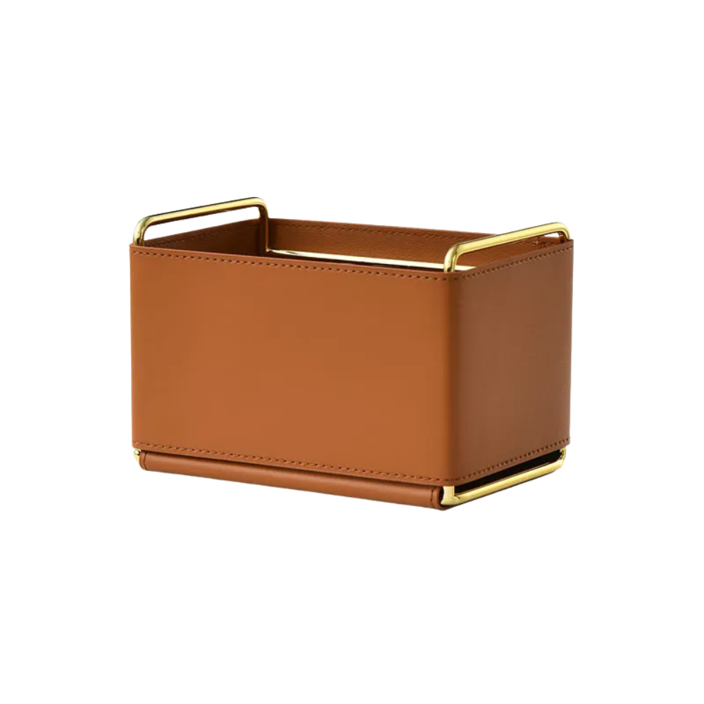 PU Leather Cosmetic Organizer 18.5cm Makeup Brush Holder Storage Basket With Metal Handles – Brown