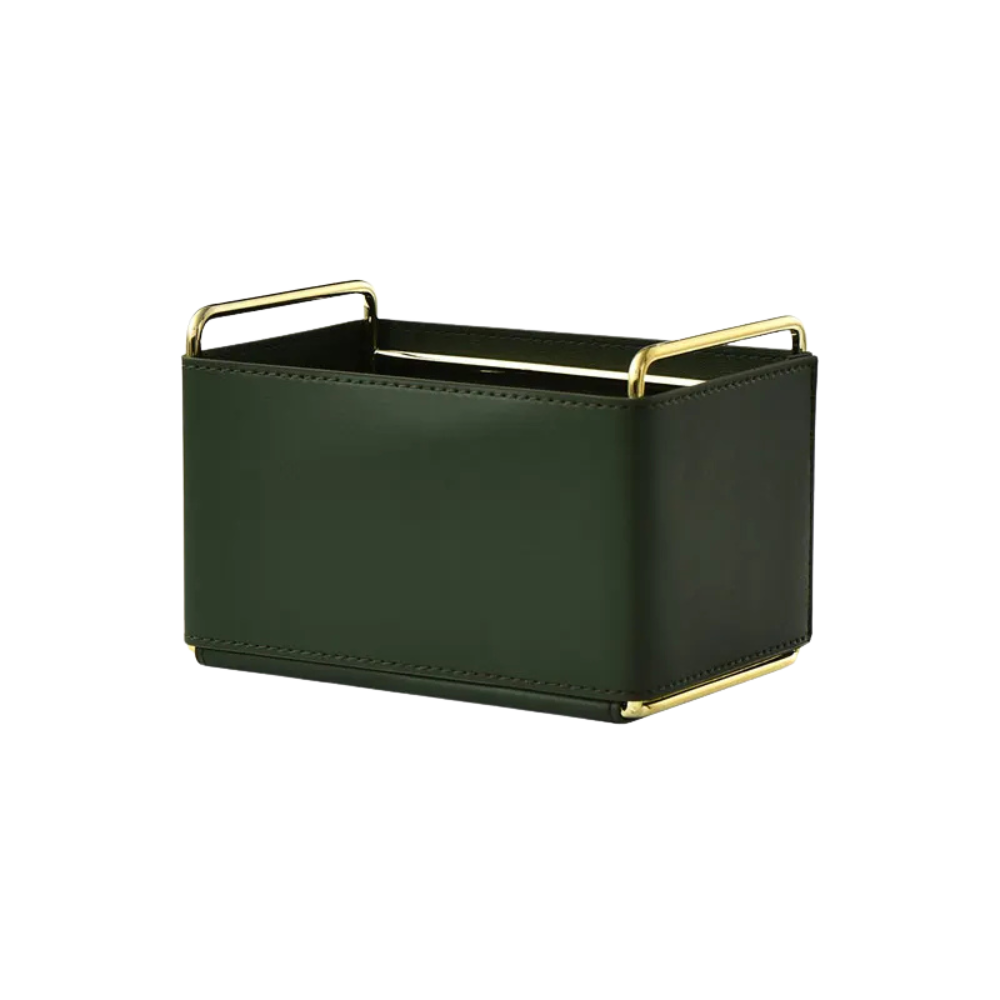 PU Leather Cosmetic Organizer 18.5cm Makeup Brush Holder Storage Basket With Metal Handles – Green