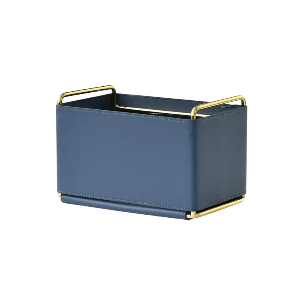 PU Leather Cosmetic Organizer 18.5cm Makeup Brush Holder Storage Basket With Metal Handles – Blue