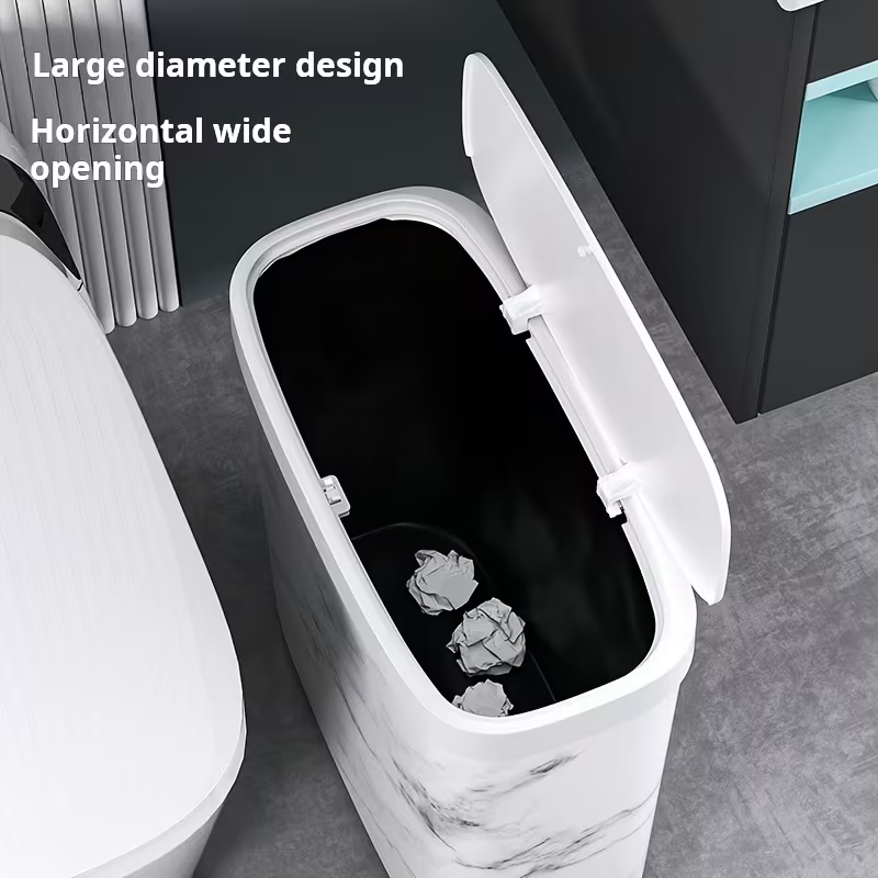 Slim Trash Can Wood Grain Design Swing Lid Compact Garbage Bin for Bathroom Kitchen White