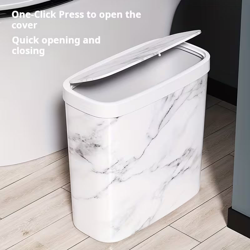 Slim Trash Can Wood Grain Design Swing Lid Compact Garbage Bin for Bathroom Kitchen White