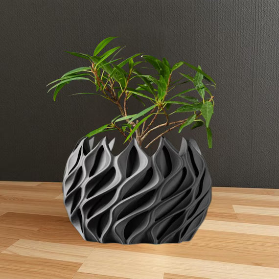 3D Printed Flower Pot – Modern Biodegradable Desktop Planter Matte Charcoal - Black